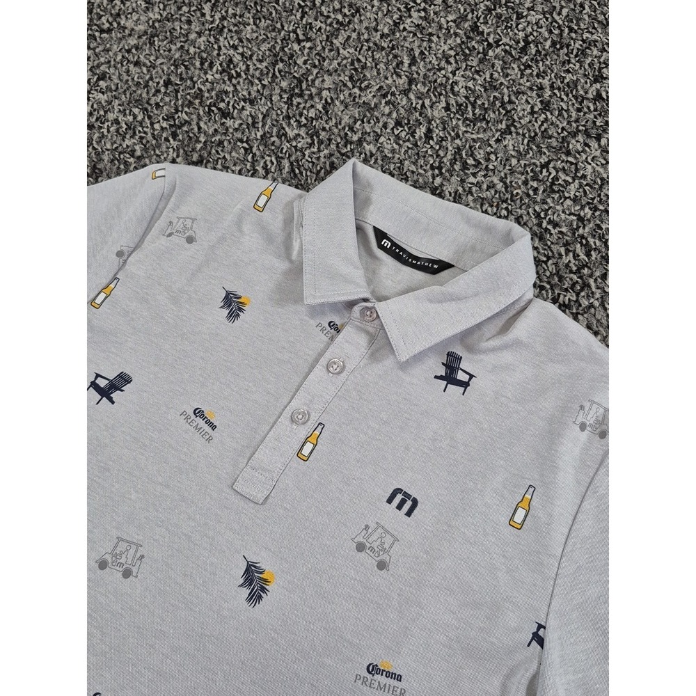 Travis Mathew Polo Shirt Mens Large Gray All Over‎ Corona Beer Golf Embroidered